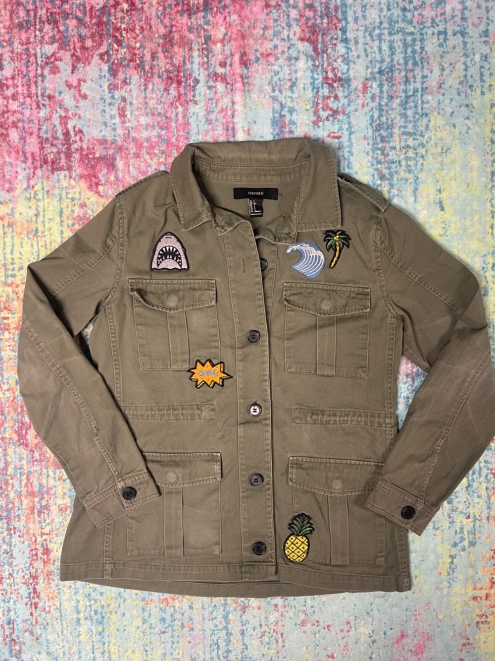 Forever 21 Olive Patch Pocket Jacket with Tropical Patches